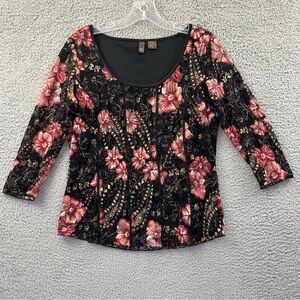 Y2K Serenade NY 3/4 Sleeve Scoop Neck Floral Top Lace Fairy Grunge Whimsigoth M‎